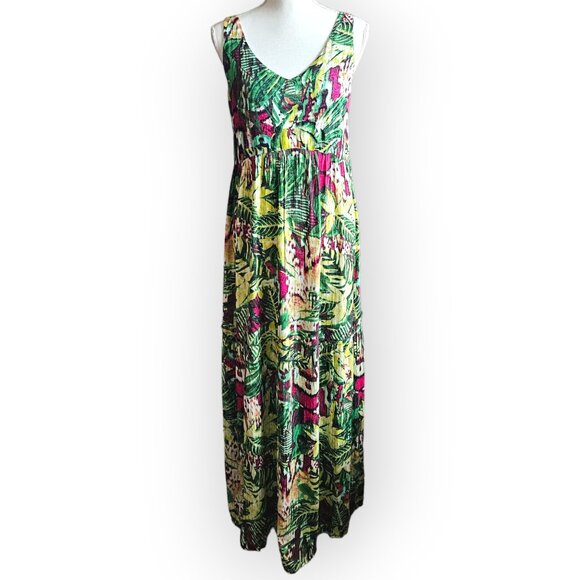 new directions Dresses & Skirts - New Directions Green Yellow Pink Tropical Print Maxi Dress.  US Size M